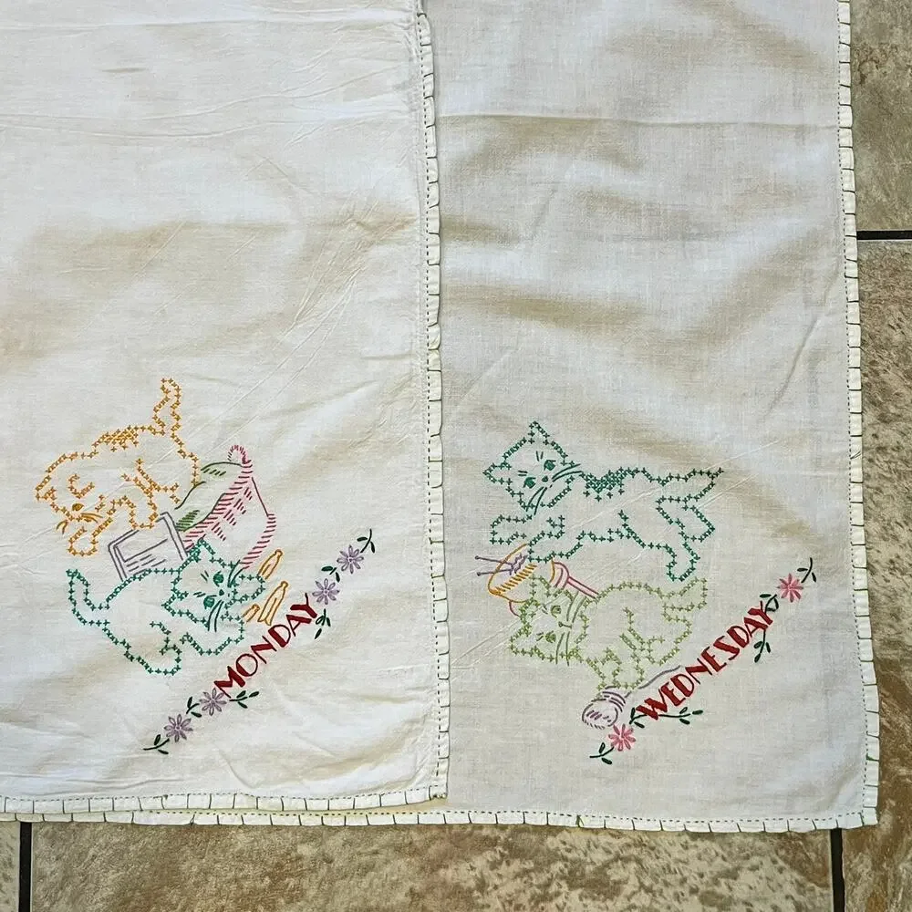 Vintage Embroidered Cat Day Towels Set Monday Wednesday Kitchen Linen 33x29.5